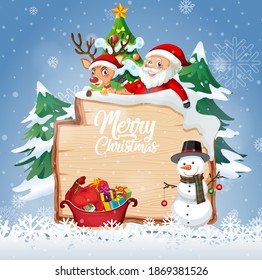 Merry Christmas Font Logo On Wooden Board With Christmas Cartoon Character In Snow Scene Illustration