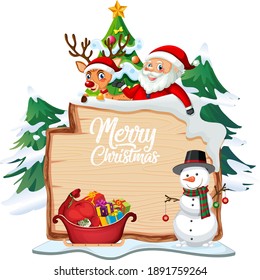 Merry Christmas font logo on wooden board with Christmas cartoon character on white background illustration