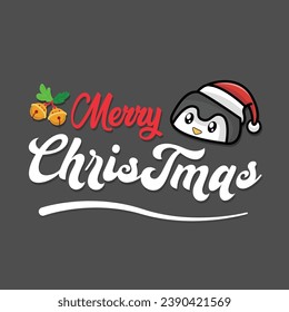 merry christmas font with penguin head cute and funny vector