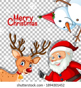 Merry Christmas font with reindeer and santa claus on transparent background illustration