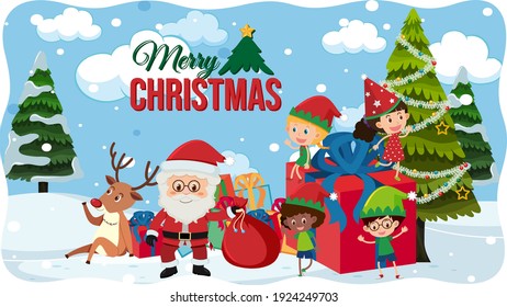 Merry Christmas font with Santa Claus in snow scene illustration