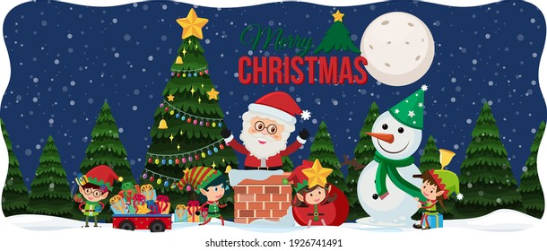 Merry Christmas font with Santa Claus in snow scene illustration