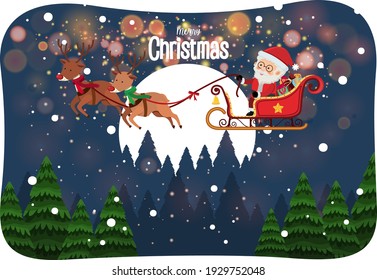 Merry Christmas font with Santa Claus on a sleigh in snow scene illustration