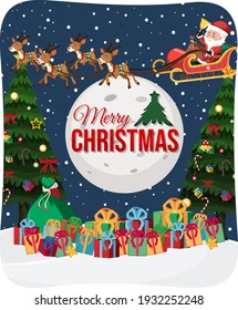 Merry Christmas font with Santa Claus on a sleigh in snow scene illustration