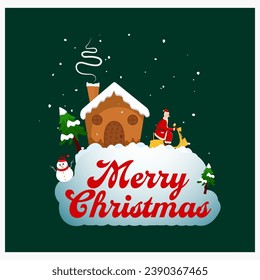 Merry Christmas Font with Snowman, Snowy Chimney House, Xmas Trees and Cartoon Santa Riding Scooter on Green Background.
