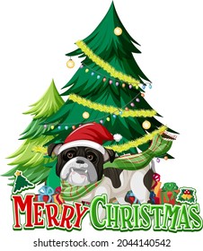 Merry Christmas font with Christmas tree and bulldog illustration