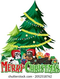 Merry Christmas font with Christmas tree and cute dogs illustration