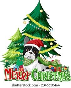 Merry Christmas font with Christmas tree and french bulldog illustration