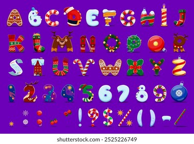 Merry Christmas font, xmas alphabet letters and numbers, cartoon winter holiday type, festive typeface decorated with snowmen, garlands, candy canes, and holiday decorations, baubles and characters