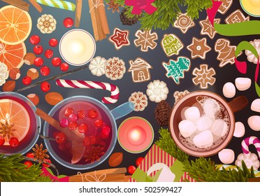 Merry Christmas: food, celebration cook: mulled wine, gingerbread cookies, berries, nuts, candies, hot chocolate with marshmallows... top view, hand drawn flat design vector illustration.