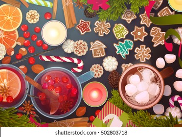 Merry Christmas: food, celebration cook: mulled wine, gingerbread cookies, berries, nuts, candies, hot chocolate with marshmallows... top view, hand drawn flat design vector illustration.