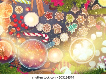 Merry Christmas: food, celebration cook: mulled wine, gingerbread cookies, berries, nuts, candies, hot chocolate with marshmallows... top view, hand drawn flat design vector illustration.