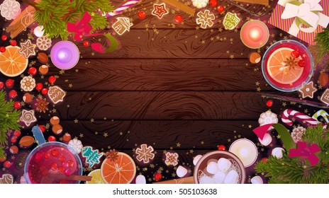 Merry Christmas food, celebration cook on wood texture: mulled wine, gingerbread cookies, berries, nuts, candies, hot chocolate, marshmallows... top view, hand drawn flat design vector illustration.