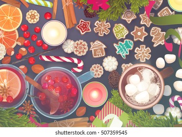 Merry Christmas: food, celebration cook: mulled wine, gingerbread cookies, berries, nuts, candies, hot chocolate with marshmallows... top view, hand drawn flat design vector illustration.