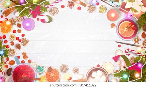 Merry Christmas food, celebration cook on wood texture: mulled wine, gingerbread cookies, berries, nuts, candies, hot chocolate, marshmallows... top view, hand drawn flat design vector illustration.