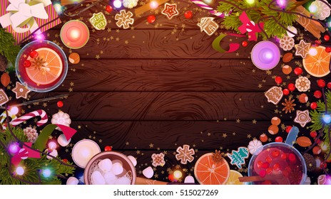 Merry Christmas food, celebration cook on wood texture: mulled wine, gingerbread cookies, berries, nuts, candies, hot chocolate, marshmallows... top view, hand drawn flat design vector illustration.