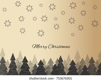 Merry christmas forest in the night over the stars in gold and black color. Vector illustration.