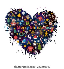 Merry Christmas  in the form of heart background with colorful blots,inks with Santa Claus,snowman,Christmas tree,sleigh,candy,house,ice skates,snowflake,gift,candle,wreath,mittens,hat,scarf,deer 