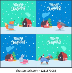 Merry Christmas fox and bunny posters set vector. Bullfinch wearing hat, animals and winter houses, snowing weather. Decorated pine and wooden fence