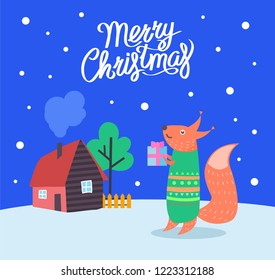 Merry Christmas fox with present poster with greeting celebration text vector. Animal wearing sweater walking by home of people. Winter season holiday