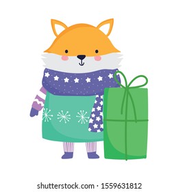merry christmas fox with warm clothes and gift box celebration vector illustration