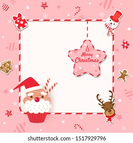 Merry Christmas frame with cupcake and cookies design to ornaments on pink background.