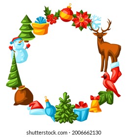 Merry Christmas frame design. Holiday decorations in cartoon style.