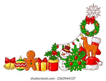 Merry Christmas frame design. Holiday decorations in cartoon style.