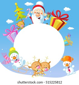 Merry Christmas frame design with Santa Claus Sleigh, Christmas Tree, Snowman and Cute Animal