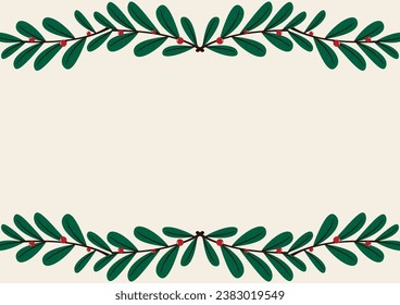 Feliz marco navideño. Elegantes Tarjetas Feliz Navidad y Año Nuevo 2023 con Wreath de Pino, Mistletoe, Plantas de invierno diseñan ilustración para tarjetas de felicitaciones.