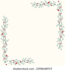 Merry Christmas frame. Elegant Merry Christmas and New Year 2023 Cards with Pine Wreath, Mistletoe, Winter plants design illustration for greetings card.