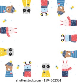 Merry Christmas frame with funny animals. Whinter holiday print. Vector hand drawn illustration.