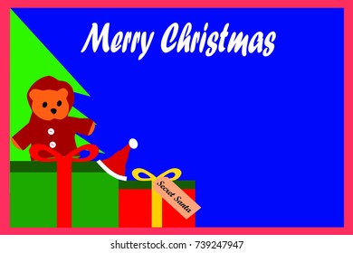 Merry Christmas frame with gift box and teddy. copy space for your text