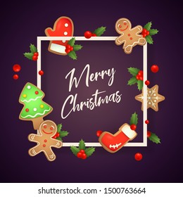 Merry Christmas in frame with ginger bread on violet ground. Lettering can be used for invitations, post cards, announcements