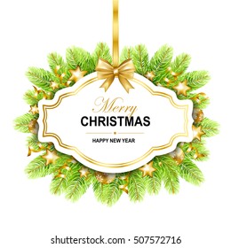 Merry Christmas frame with gold ribbon, stars, balls and fir-tree isolated on white background. Vector illustration.