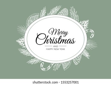 Merry christmas frame. Christmas greeting card with Christmas Tree Decorations, Pine Branches, balls.