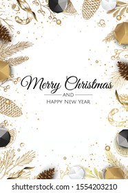 Merry christmas frame. Christmas greeting card with Christmas Tree Decorations, Pine Branches, balls.