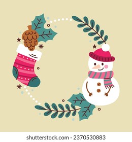 Feliz marco navideño. Felices antecedentes de Navidad. Árbol de Navidad. Marco de ilustración del vector de dibujos animados para afiches, carteles, tarjetas de felicitación, volante, invitación, tarjeta, cubierta, plantilla. corona. 25 de diciembre.