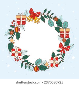 Merry Christmas Frame. Happy Christmas background. Christmas tree. Cartoon Vector illustration Frame for Poster, Banner, Greeting Card, Flyer, Invitation, Card, Cover, Template. wreath. December 25.