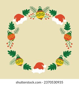 Merry Christmas Frame. Happy Christmas background. Christmas tree. Cartoon Vector illustration Frame for Poster, Banner, Greeting Card, Flyer, Invitation, Card, Cover, Template. wreath. December 25.