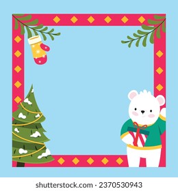 Merry Christmas Frame. Happy Christmas background. Christmas tree. Cartoon Vector illustration Frame for Poster, Banner, Greeting Card, Flyer, Invitation, Card, Cover, Template. wreath. December 25.