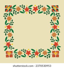 Frohe Weihnachtsrahmen. Fröhlicher Weihnachtshintergrund. Weihnachtsbaum. Cartoon Vektorgrafik Rahmen für Poster, Banner, Grußkarte, Flyer, Einladung, Karte, Abdeckung, Vorlage. Kranz. 25. Dezember.
