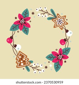 Frohe Weihnachtsrahmen. Fröhlicher Weihnachtshintergrund. Weihnachtsbaum. Cartoon Vektorgrafik Rahmen für Poster, Banner, Grußkarte, Flyer, Einladung, Karte, Abdeckung, Vorlage. Kranz. 25. Dezember.