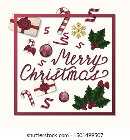 Merry Christmas frame with holly, toys, balls, candy, gifts and glitter snowflake for invitation, greeting cards. Vector isolated holiday design border.