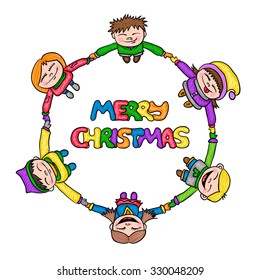 Merry Christmas frame of kids holding hands, vector isolated illustration.