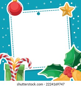 Merry christmas frame for picture with holly leaves, gifts, christmas balls and candy cane with snow on background