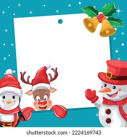 Merry christmas frame for picture with penguin, santa claus reindeer and snowman with snow background