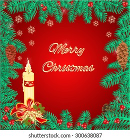Merry Christmas frame  of pine needles and candle and pine cones  vector illustration