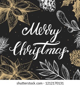 Merry Christmas frame with poinsettia, holly, fir, mistletoe, pinecone botanical illustration with lettering phrase.  Can use to greeting card, banner, poster, calligraphy.