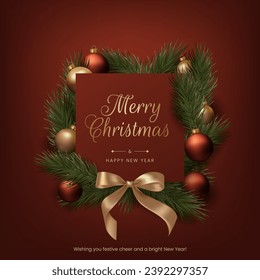 Merry Christmas frame realistic red and gold balls, pine tree branches, and festive bow ribbons. This elegant design is suitable for holiday cards, invitations, and banners. Not AI generated